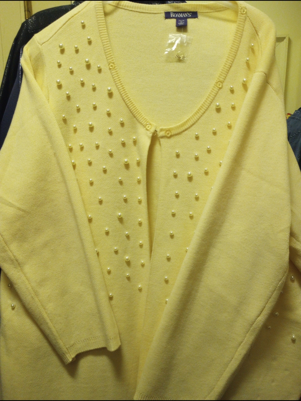 Roaman's Pale Beige Yellow Pearl-Embellished V-Neck Cardigan